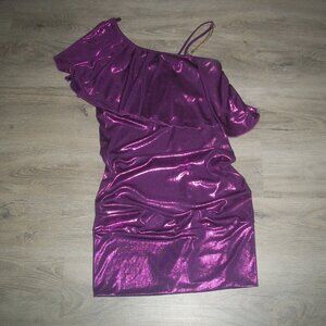 womens shiny metallic purple blouse. one shoulder. ruffled. size large